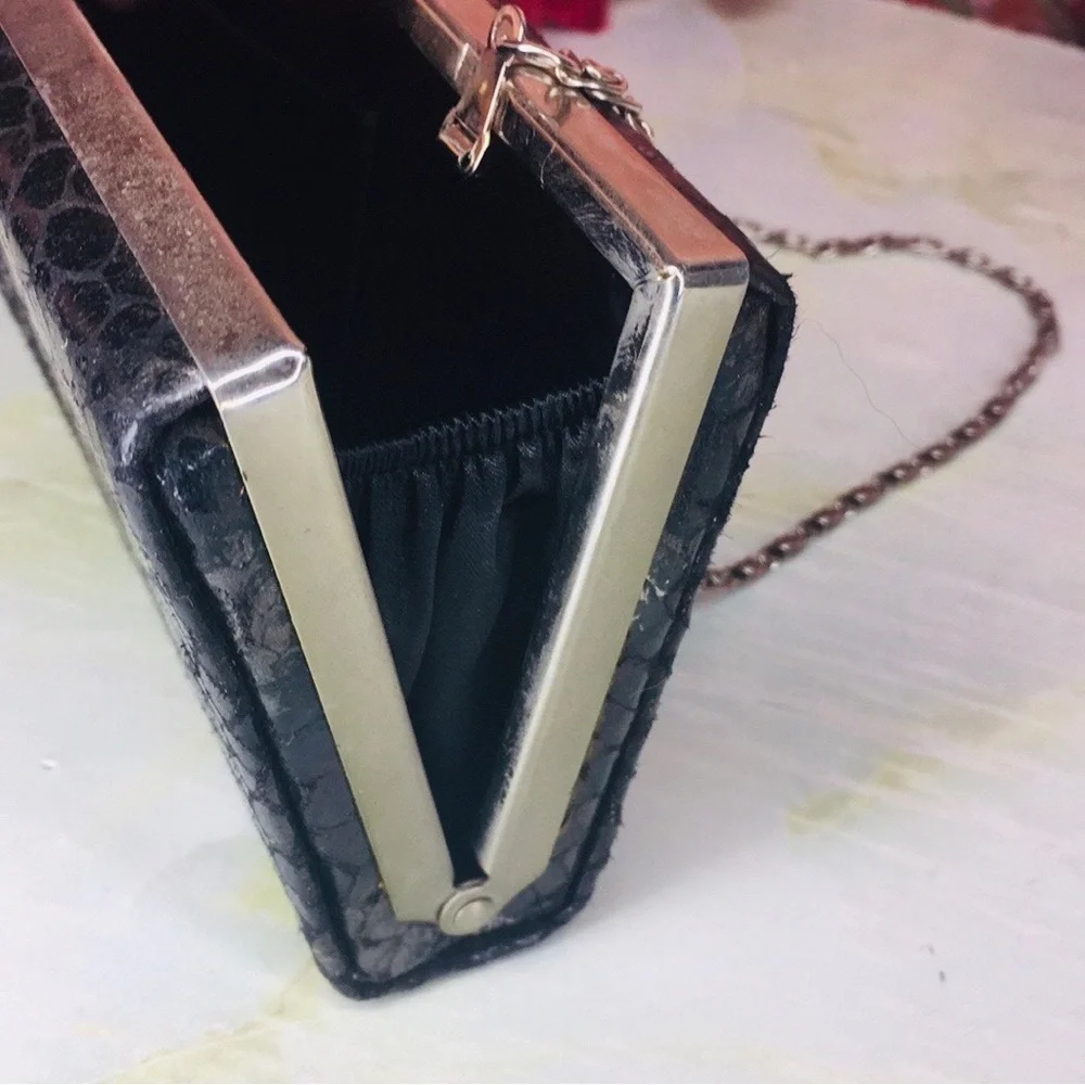 Vintage 80s Black Patent Snakeskin Box Clutch